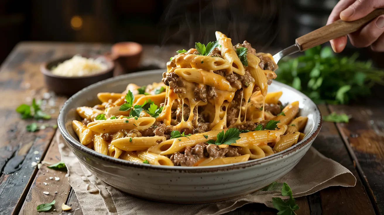 Best Cheesy Penne with Garlic Butter Ground Beef Recipe