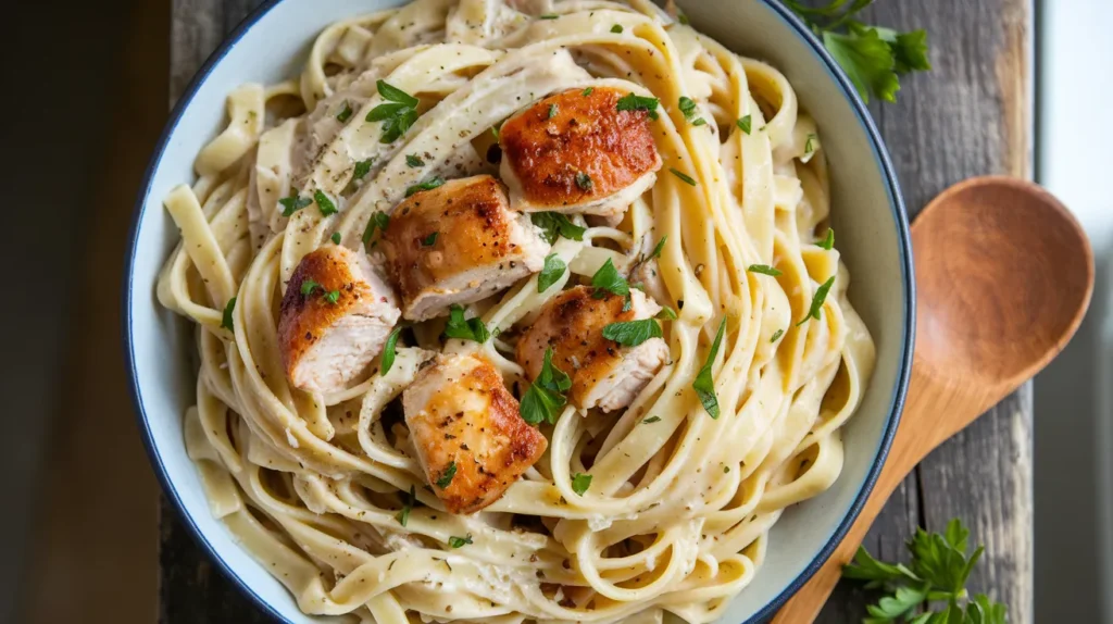 15-Minute Garlic Butter Chicken Bites with Creamy Parmesan Pasta