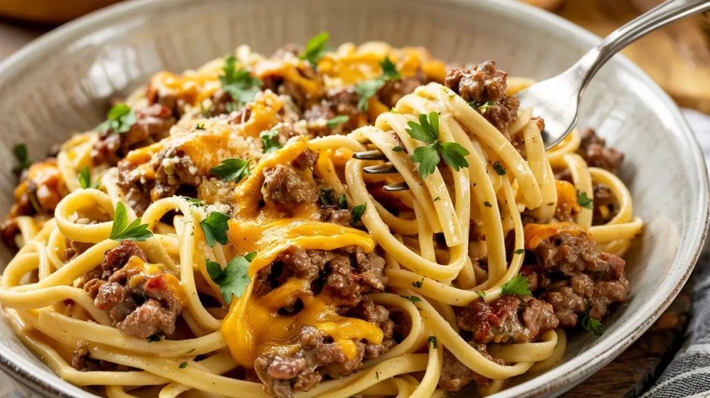 Cheesy Garlic Butter Linguine Pasta With Savory Ground Beef