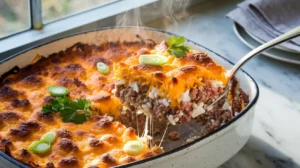 cheddar-crusted ground beef and rice casserole