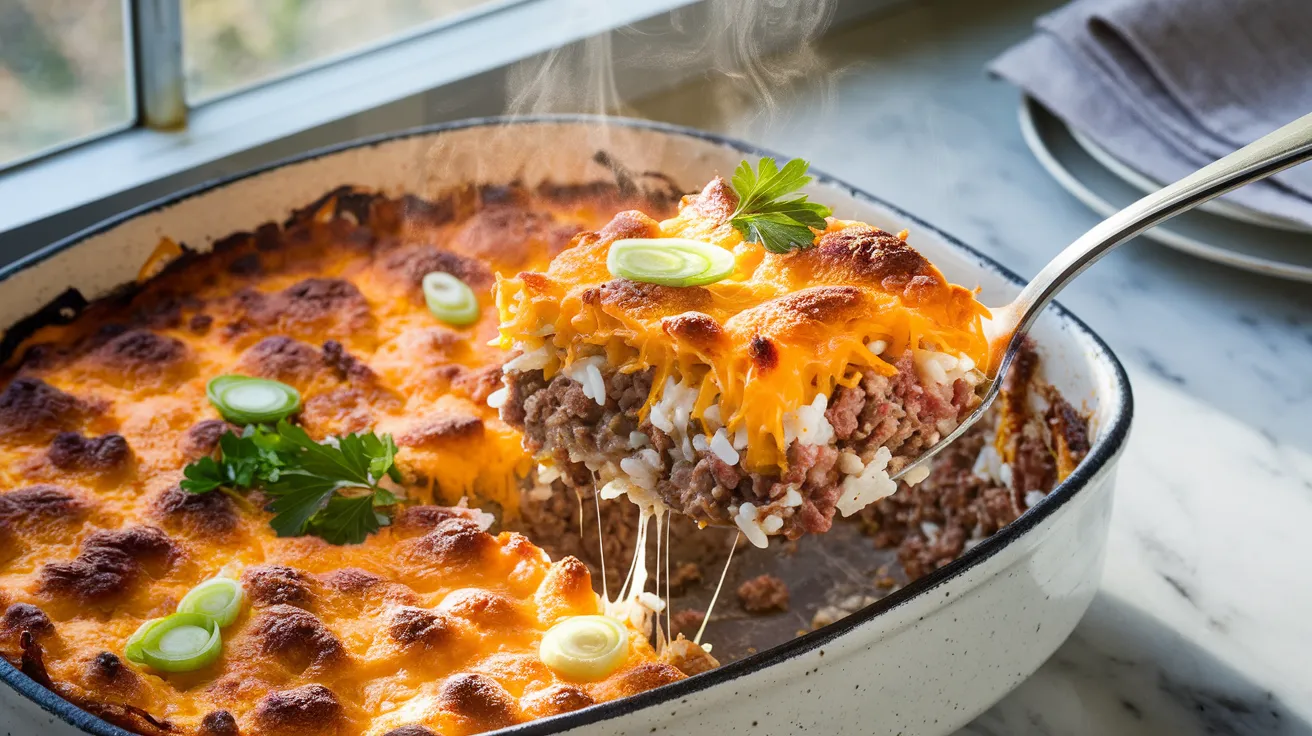 cheddar-crusted ground beef and rice casserole