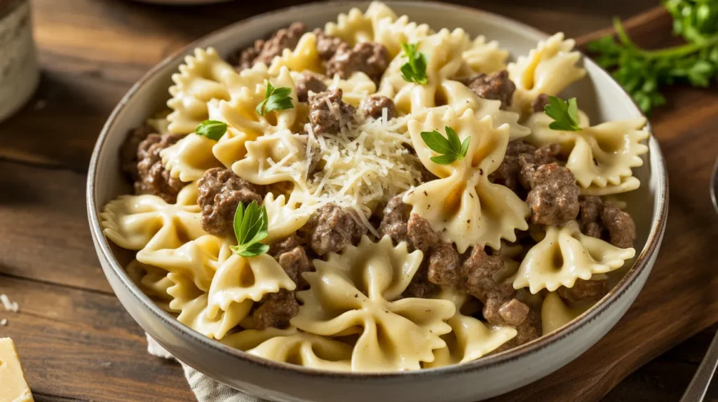 creamy ground beef bow tie pasta