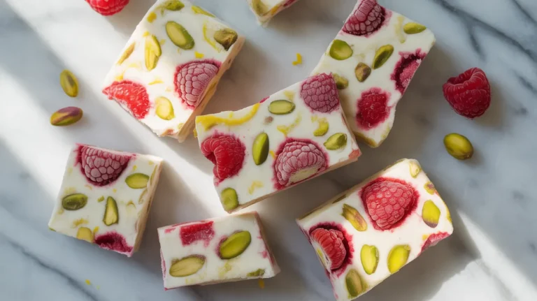 frozen greek yogurt bark with raspberries and pistachios