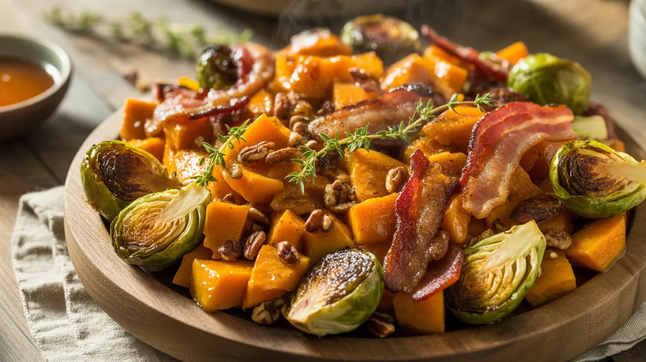 spicy maple butternut squash with brussels and bacon