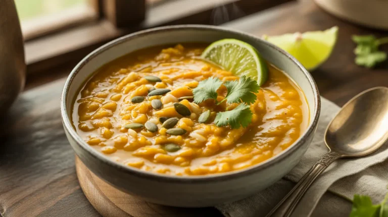 warm vegan pumpkin rice soup