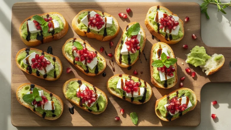avocado bruschetta with pomegranate and feta