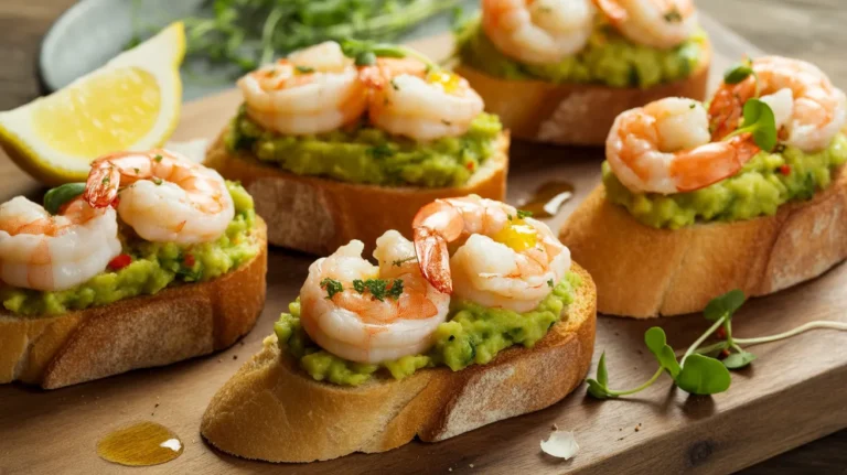 garlic shrimp crostini with avocado