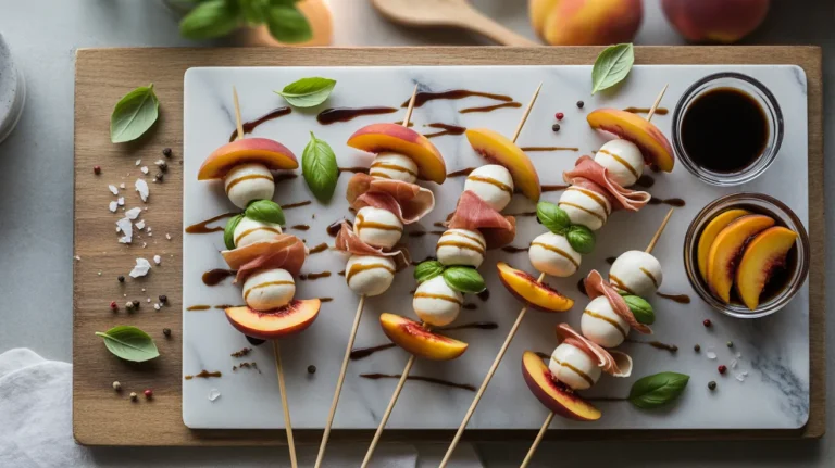 mozzarella prosciutto and pickled peach skewers