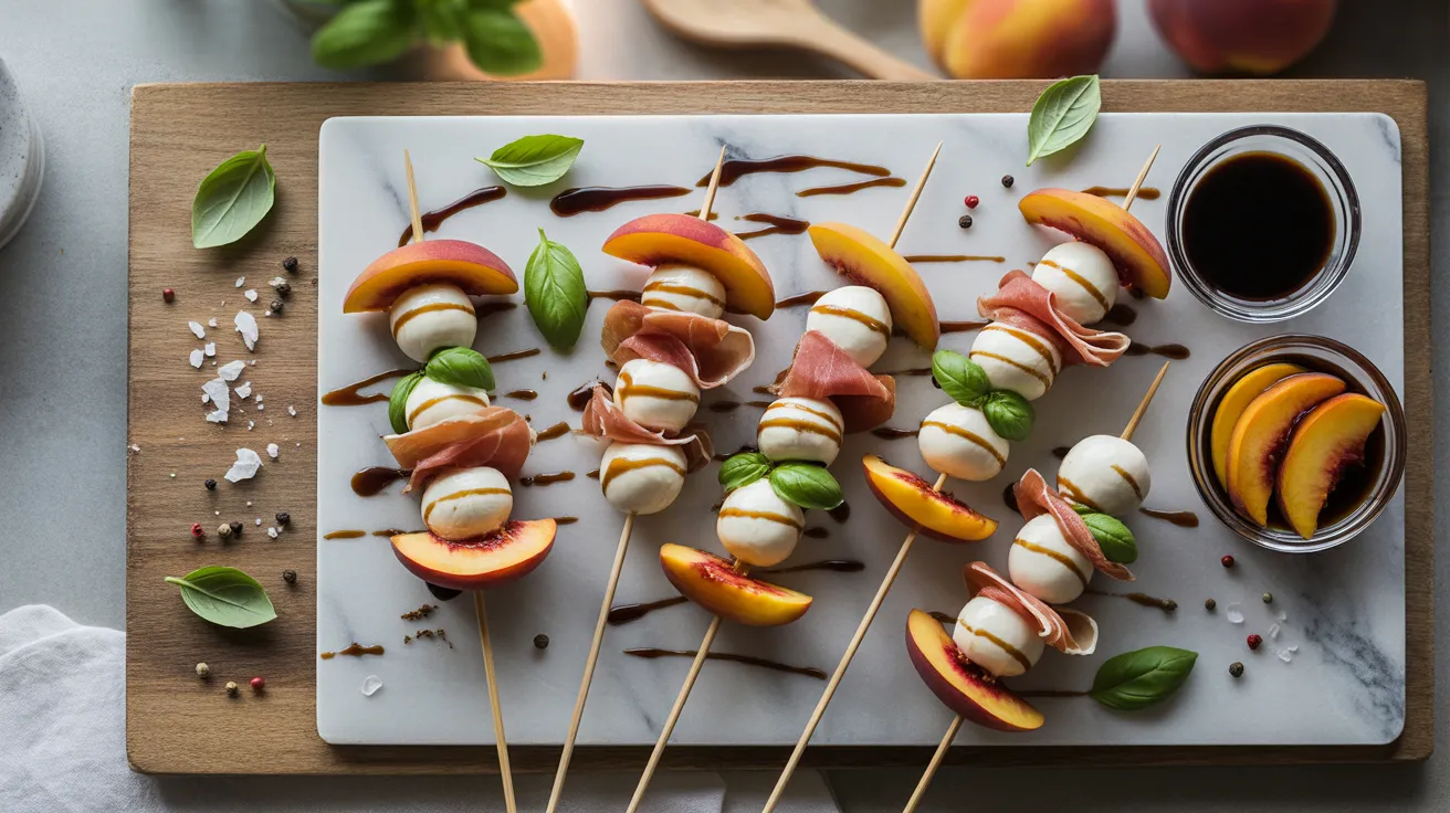 mozzarella prosciutto and pickled peach skewers